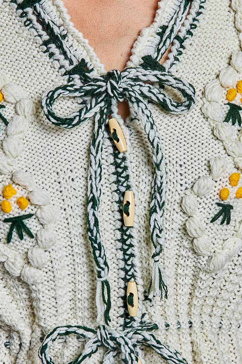 Women's Floral Daisy Embroidered Front Tie Cardigan in Cream