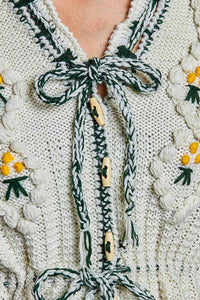 Women's Floral Daisy Embroidered Front Tie Cardigan in Cream