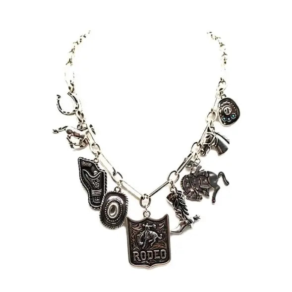 17" Western Rodeo Charm Necklace in Silver