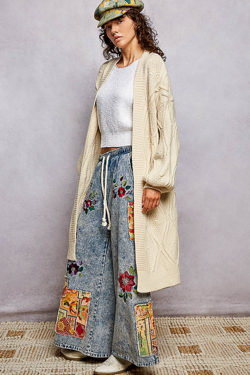 Women's Long Cable Knit Cardigan in Cream