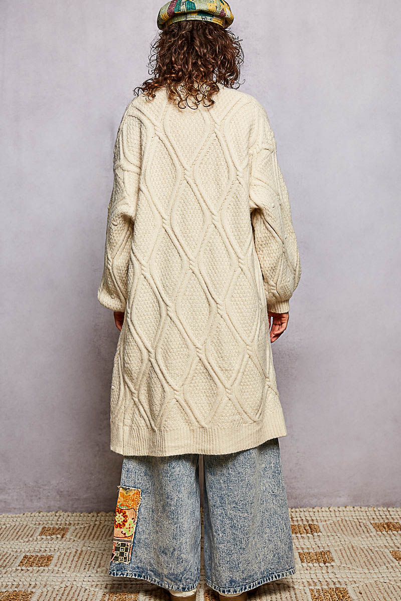Women's Long Cable Knit Cardigan in Cream