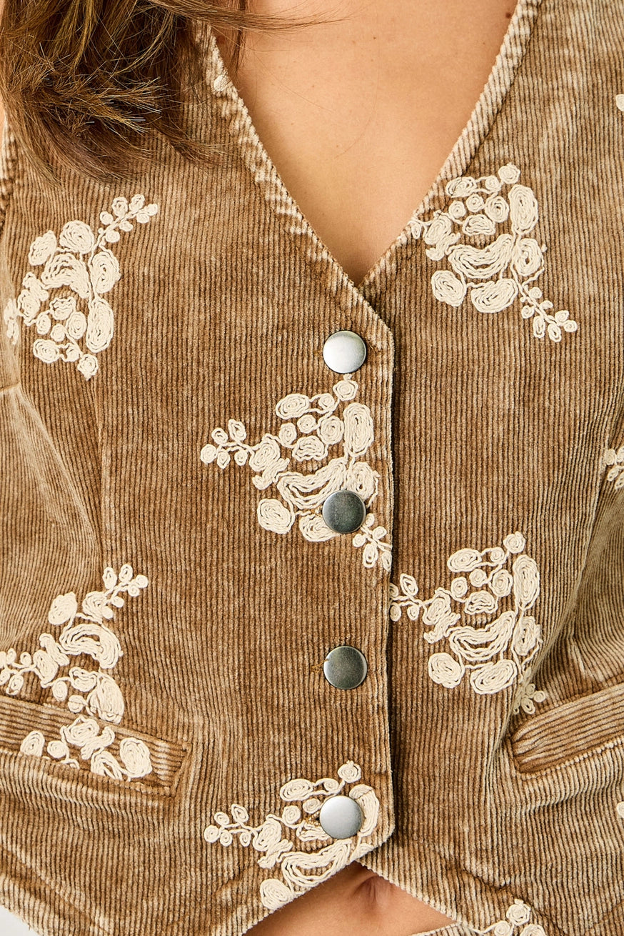Women's Embroidered Corduroy Vest in Washed Toffee