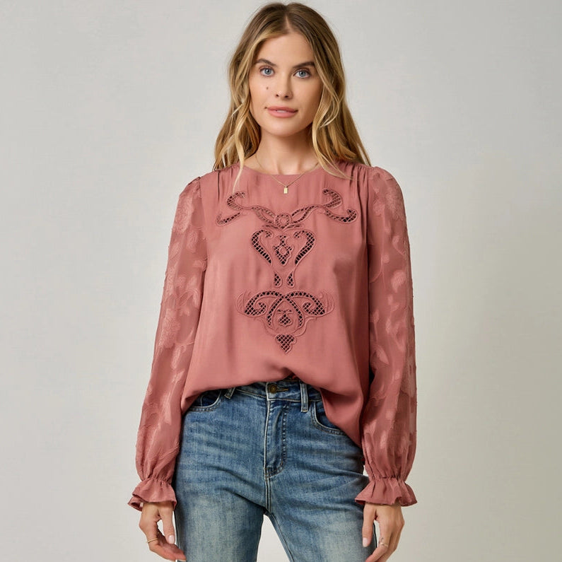Women's L/S Embroidered Blouse in Mauve