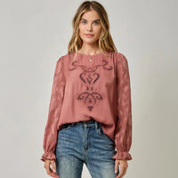 Women's L/S Embroidered Blouse in Mauve