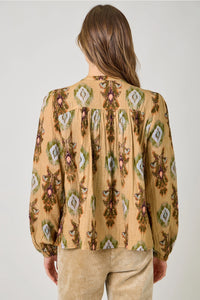 Women's L/S Printed Peasant Blouse in Latte