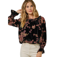 Women's Velvet Burnout On/Off Shoulder Blouse in Floral Black