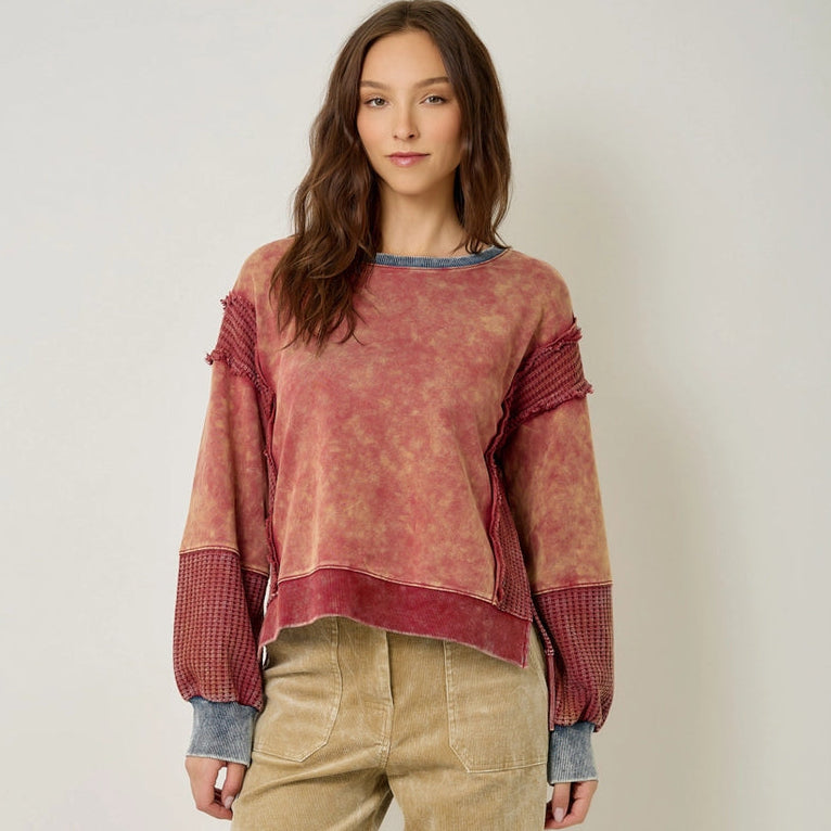 Women's Mixed Media Sweatshirt in Washed Tomato