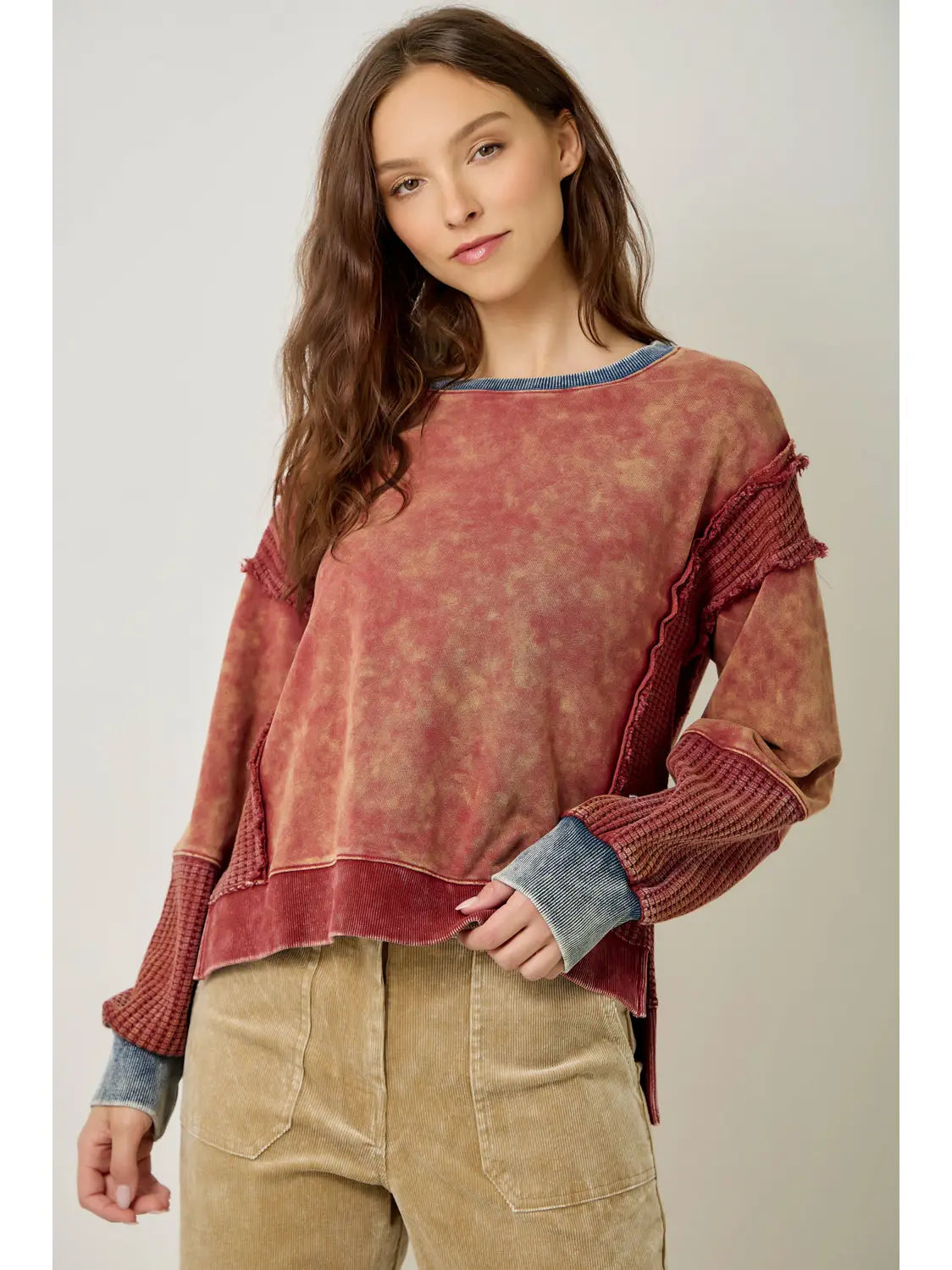 Women's Mixed Media Sweatshirt in Washed Tomato