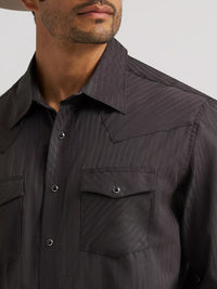 Wrangler Men's L/S Dobby Stripe Western Snap Shirt in Black