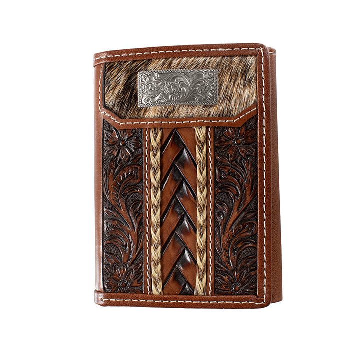 3D Men's Floral Leather Calf Hair Concho Tri-fold Wallet