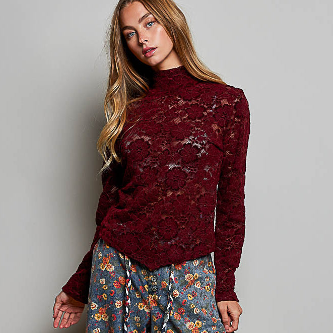 Women's Mock Turtleneck Long Sleeve Top in Wine