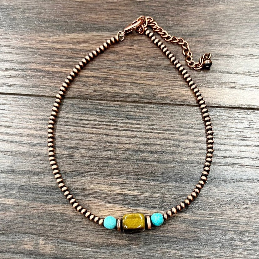 Copper Navajo Inspired Pearl & Gemstone Beaded Necklace