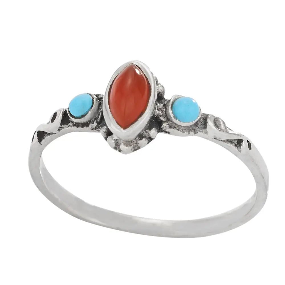 Sterling Silver Birds of Paradise Carnelian and Turquoise Ring