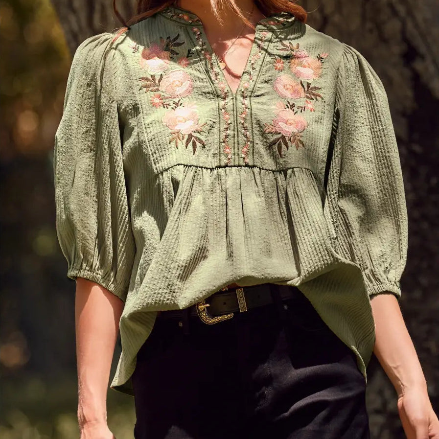 Women's 3/4 Sleeve Embroidered Blouse (Available in Regular and Plus Sizes)