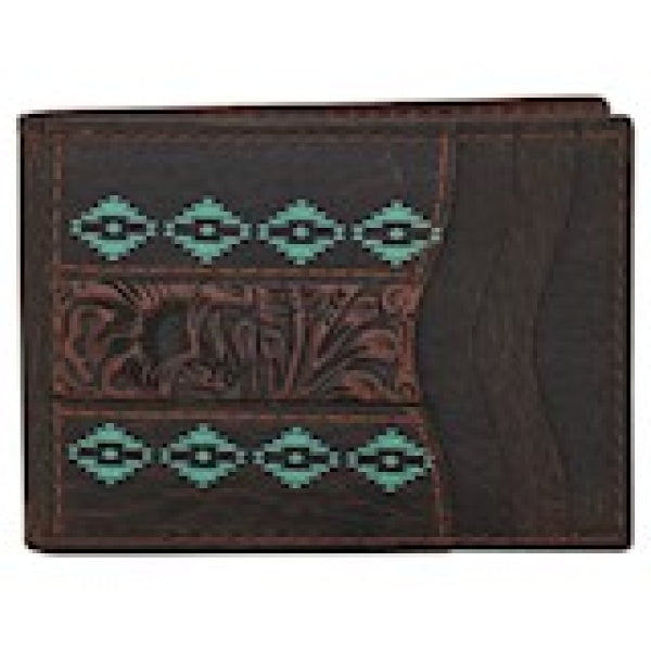 Red Dirt Hat Co. Floral Tooled Accent & Turquoise Design Brown Leather Bifold Card Case With Money Clip