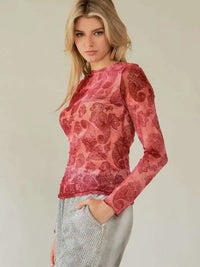 Women's L/S Sheer Paisley Mesh Top in Wine (Available in Plus Sizes)