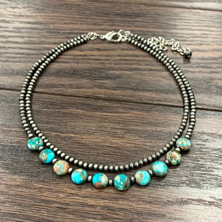 15" Handmade Round Turquoise Navajo Inspired Beaded Necklace