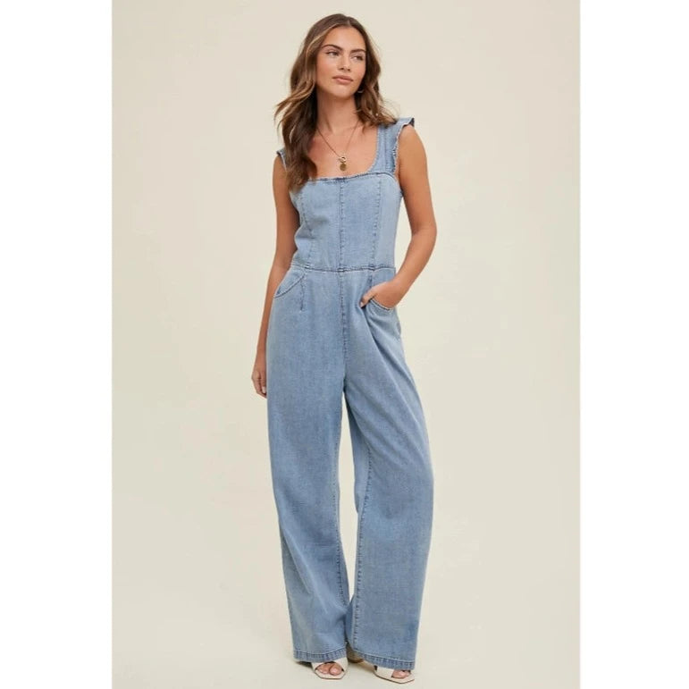 Women's Ruffle Open Back Denim Jumpsuit in Light Wash