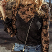 Women's L/S Sheer Crochet Lace Mesh Top (Available in Black or Apricot)