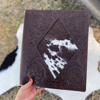 Leather Floral Embossed Diamond Cowhide Portfolio in Brown