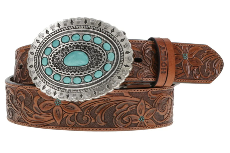 Hooey Women's Turquoise Stone and Floral Tooled Belt
