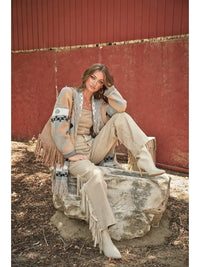 Women's Western Pattern Fringe Detail Belted Cardigan in Taupe