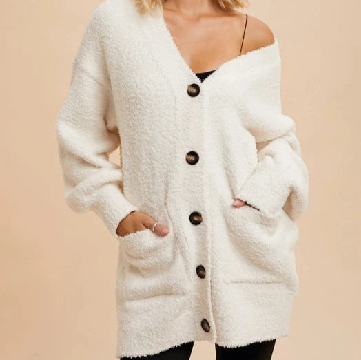 Women's Button Front Chenille Cardigan in Cream