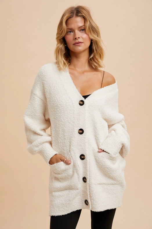 Women's Button Front Chenille Cardigan in Cream