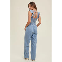 Women's Ruffle Open Back Denim Jumpsuit in Light Wash