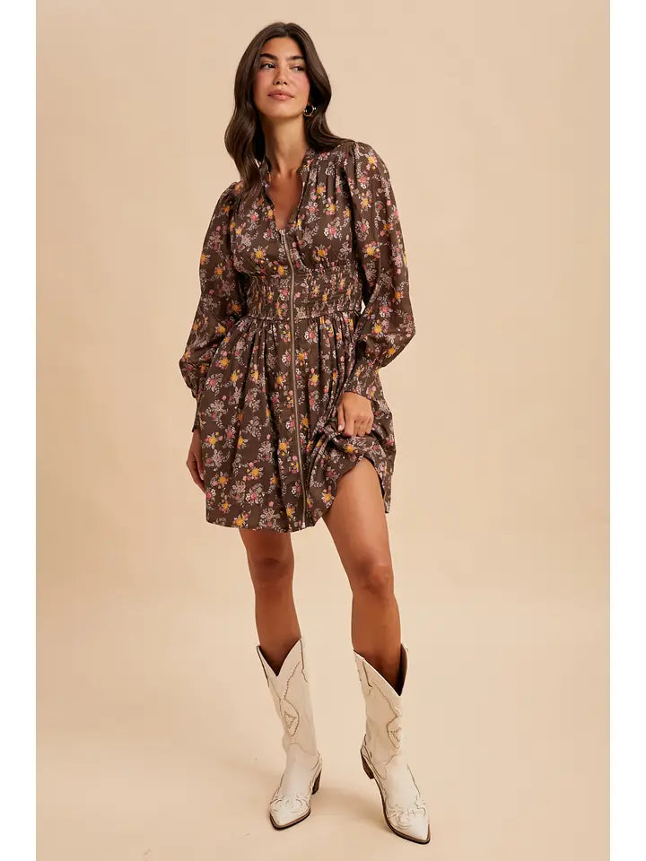 Women's L/S Floral Zip Front Mini Dress in Mocha Mousse