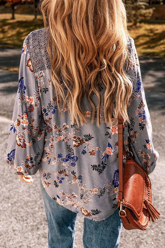 Women's L/S Floral Lace Blouse in Sky Blue