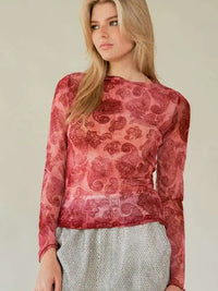 Women's L/S Sheer Paisley Mesh Top in Wine (Available in Plus Sizes)