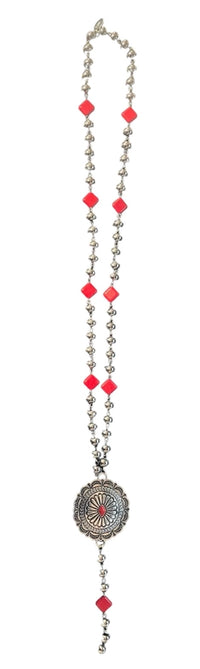 West & Co. Silver Beaded Concho Lariat Necklace With Red Stone Diamond Accents