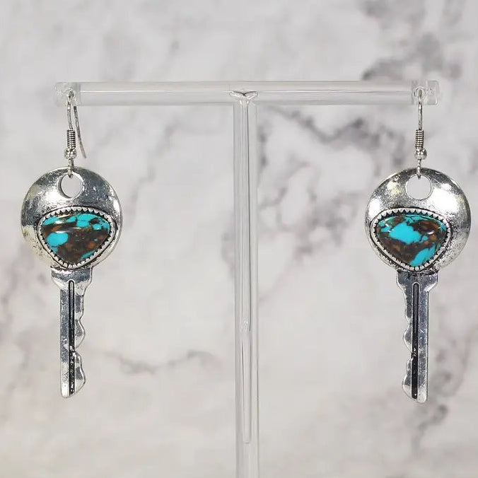 2 1/4" Western Turquoise Stone Key Earrings