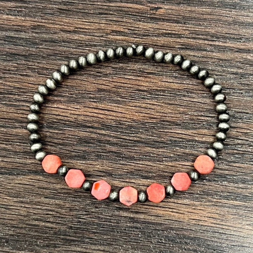 Pink Coral Gemstone & Navajo Inspired Pearl Stretch Bracelet