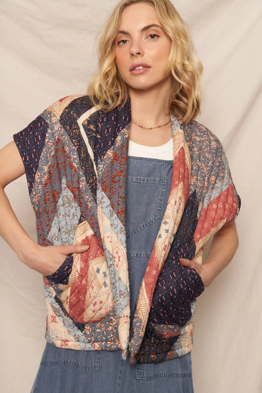 Women's Oversized Open Front Quilted Vest in Multi Print