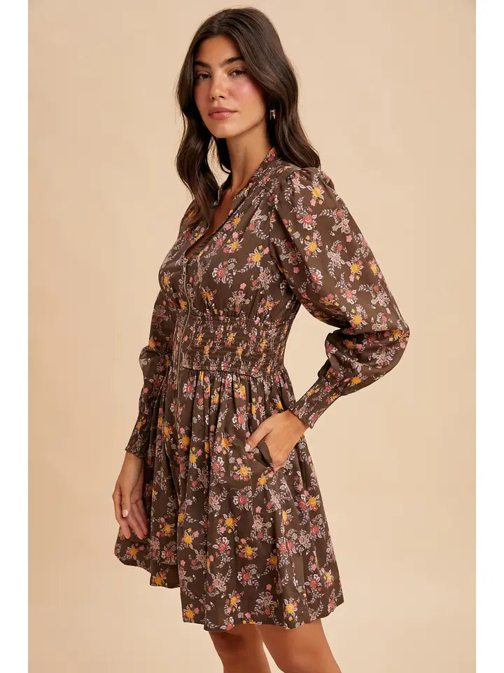 Women's L/S Floral Zip Front Mini Dress in Mocha Mousse