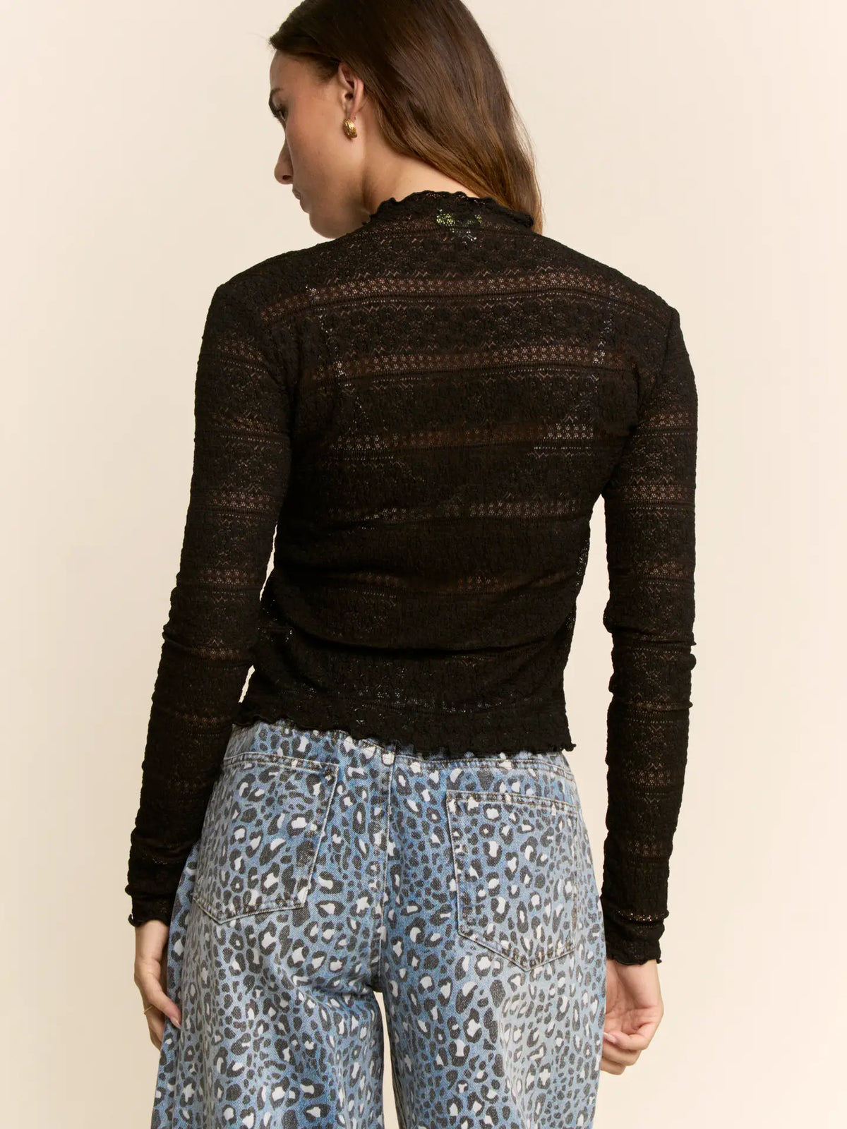 Women's L/S Striped Lace Mesh Top in Black (Available in Regular and Plus Sizes)