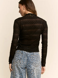 Women's L/S Striped Lace Mesh Top in Black (Available in Regular and Plus Sizes)