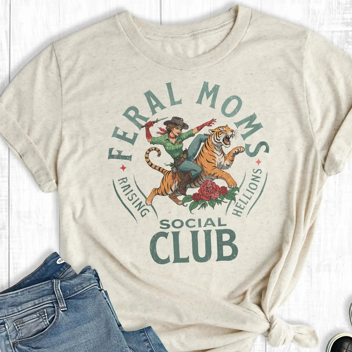 Women's Feral Moms Social Club Graphic Tee in Heathered Oat