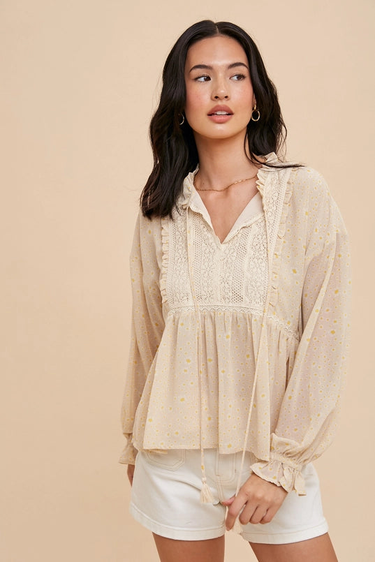 Women's L/S Tie Neck Floral Lace Blouse in Cream