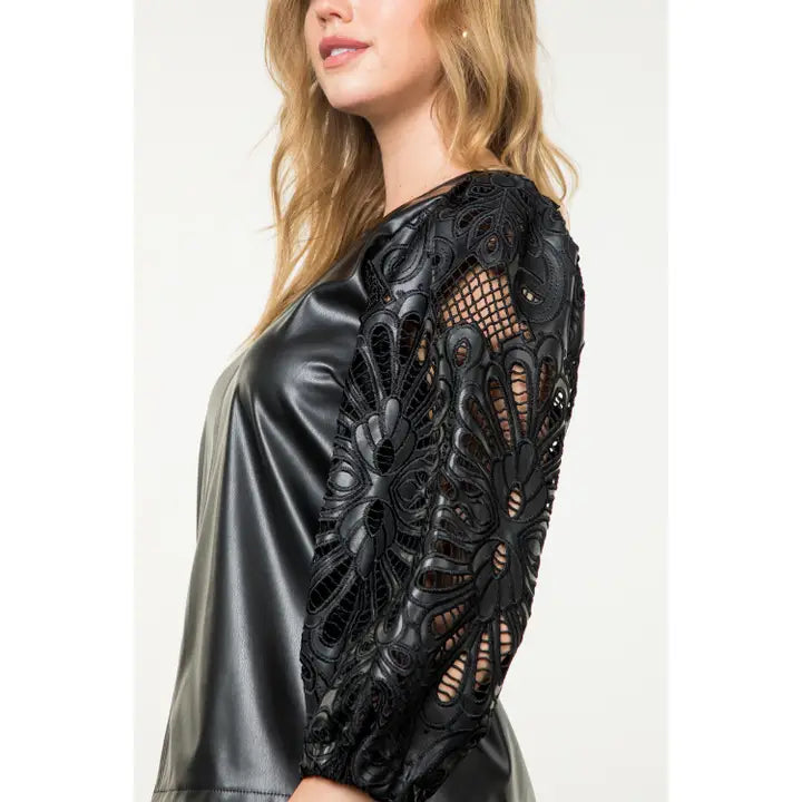 Women's L/S Pleather Eyelet Sleeve Top in Black