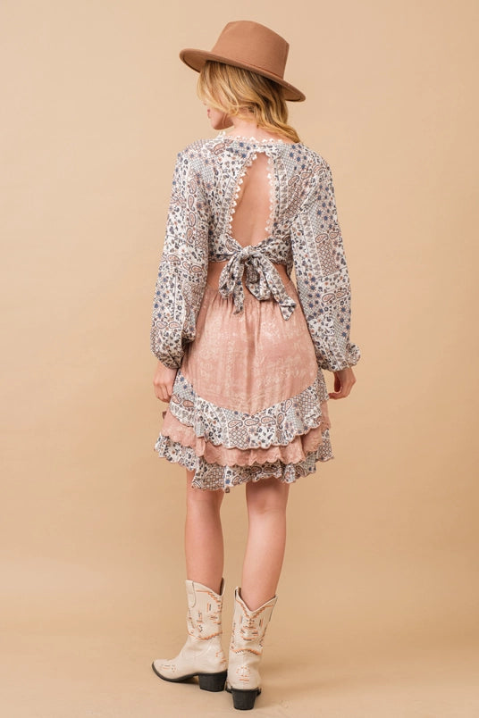 Women's L/S Multi-Print Mini Dress in Off White & Dusty Rose