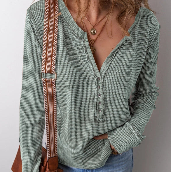 Women's L/S Relaxed Solid Waffle Knit Henley Top (Available in Green or Black)