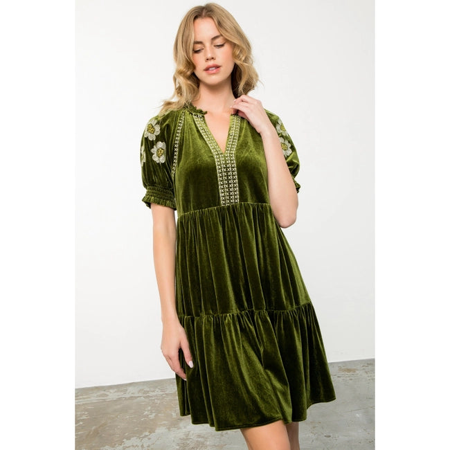 Women's S/S Floral Embroidered Sleeve Mini Velvet Dress (Available in Two Colors)