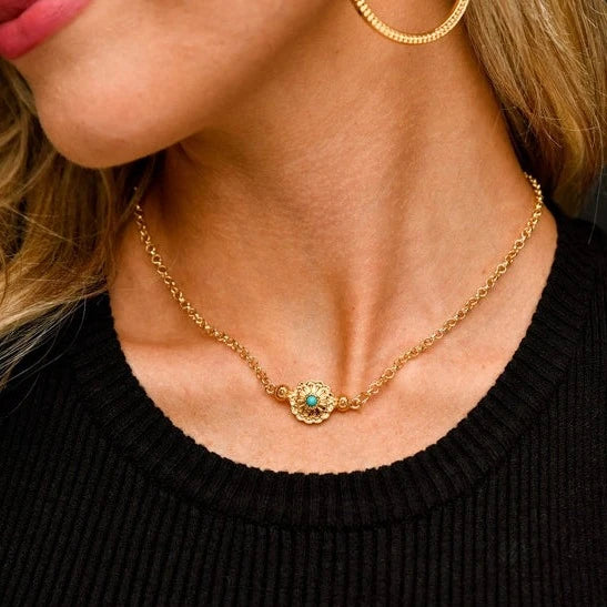 West & Co. Burnished Gold Flower Concho With Turquoise Accent Chain Necklace