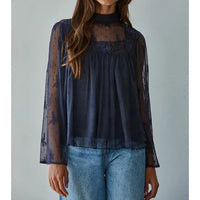 Women's L/S Woven Lace Mock Neck Bell Sleeve Top in Navy