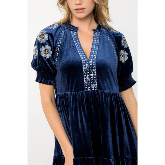 Women's S/S Floral Embroidered Sleeve Mini Velvet Dress (Available in Two Colors)