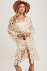 Women's Crochet Open Front Long Cardigan in Natural