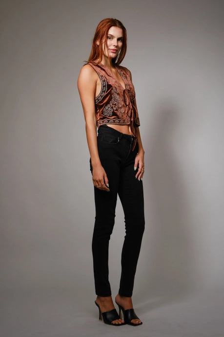 Women's Sleeveless Embroidered Velvet Cropped Vest in Brown